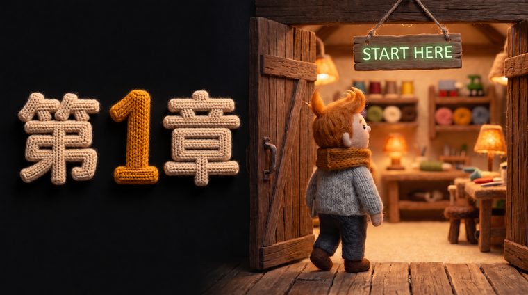 第一章封面：小白推开工作室大门，START HERE 招牌