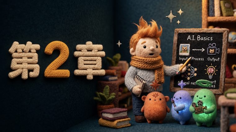 第二章封面：小白在黑板前讲解 AI Basics，三只小伙伴在旁边