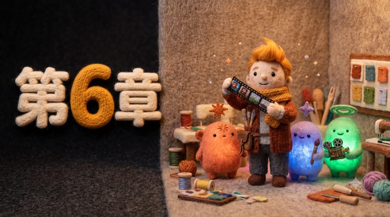 第六章封面：小白拿着底片，三只小伙伴围在旁边