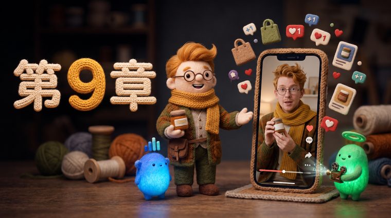 第九章封面：小白拿着产品在手机直播，社交图标环绕